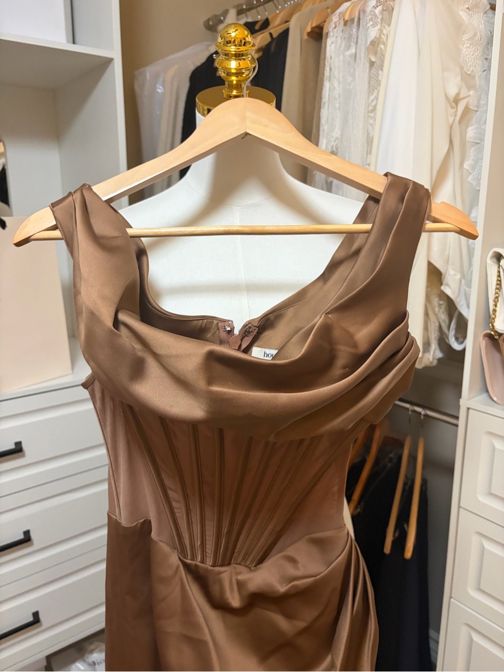 House of CB Lulu Toffee Asymmetric Drape Midi Corset Dress -S - Picture 7 of 15